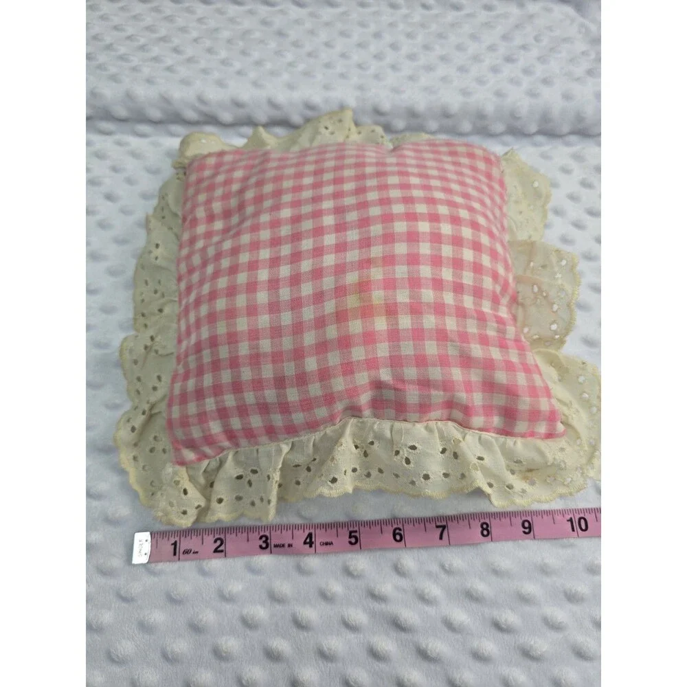 Ruffle Gingham Pillow Pink Cottagecore Embroidered Happy Birthday 10” Jennifer